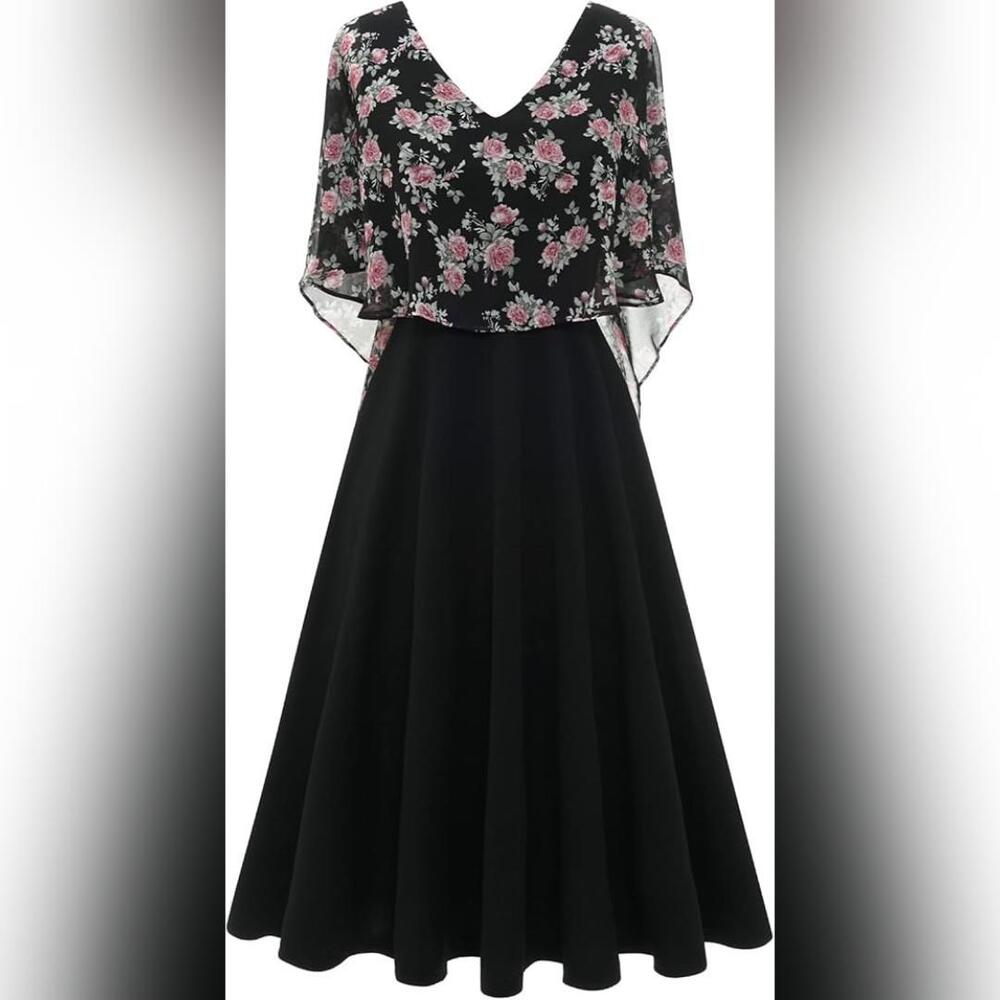 NWOT HomRain Women's Sleeveless Cape Dress with Chiffon Overlay, Small
